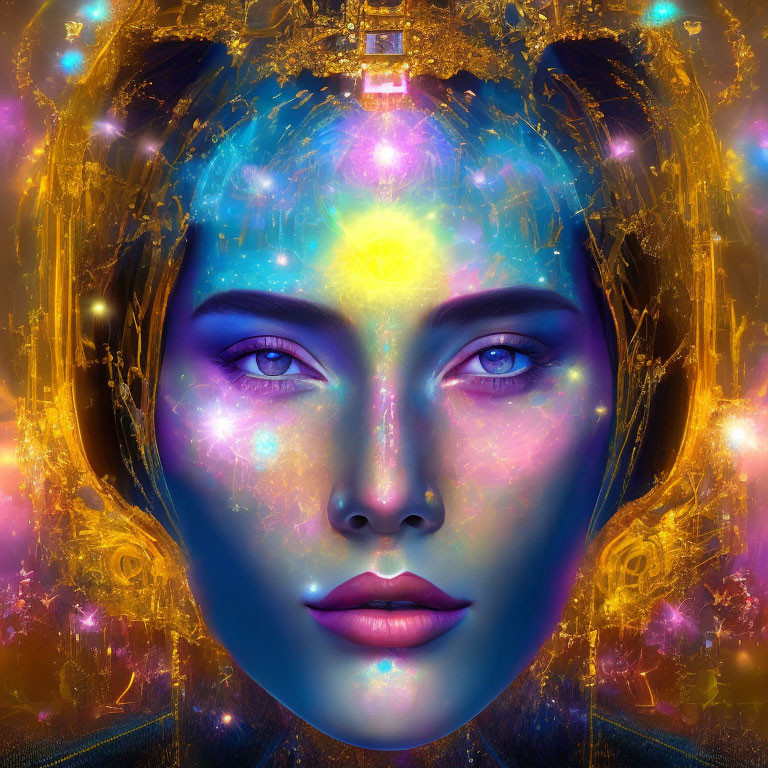 Symmetrical cosmic-themed digital artwork of a female face