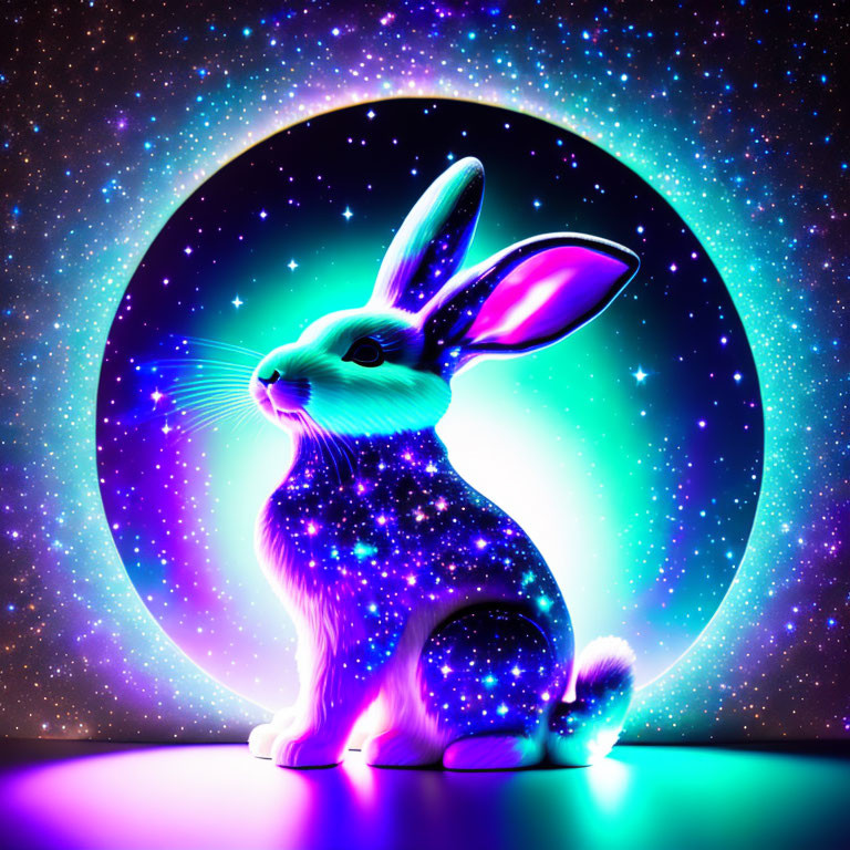 Luminous rabbit in cosmic circular frame with purple and blue hues