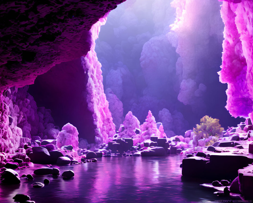 Mystical Cave with Vibrant Purple Hues and Illuminated Stalactites