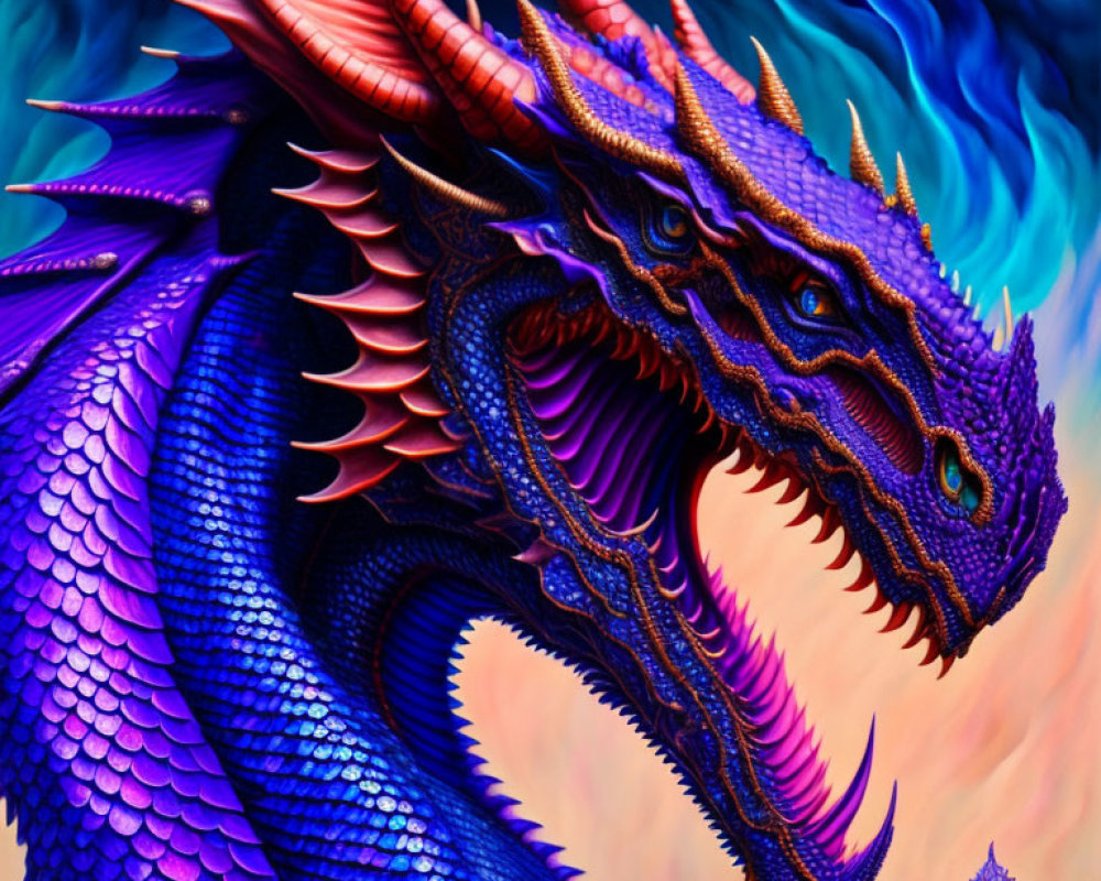 Colorful digital artwork: Blue and purple dragon with intricate scales and spikes on swirling blue and orange backdrop