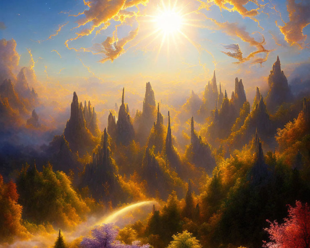Fantastical landscape with rocky spires, lush forests, colorful sky, and dragon-like creature