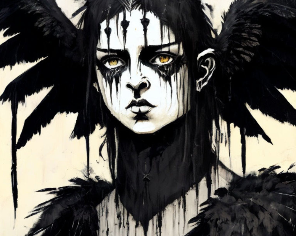 Dark angel painting with black wings, yellow eyes, and white tear-like streaks.