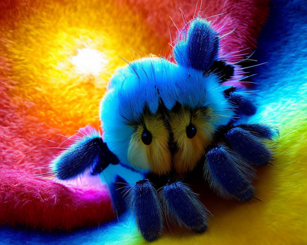 Colorful Plush Toy Spider on Rainbow Background