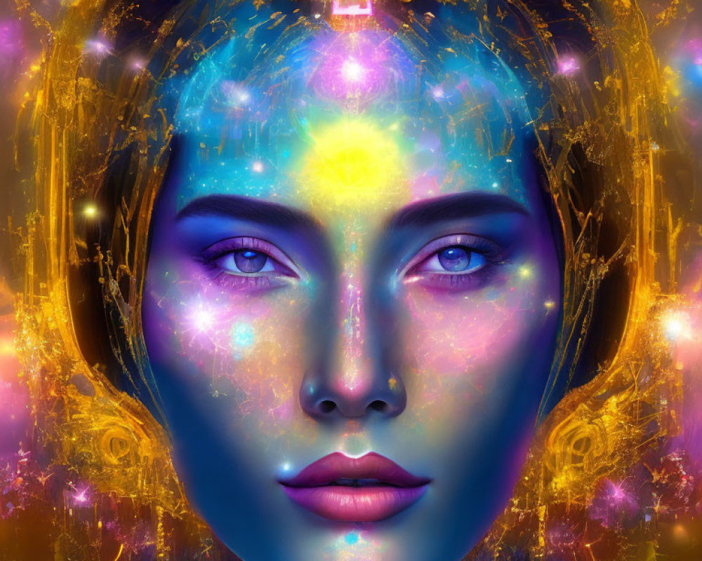 Symmetrical cosmic-themed digital artwork of a female face