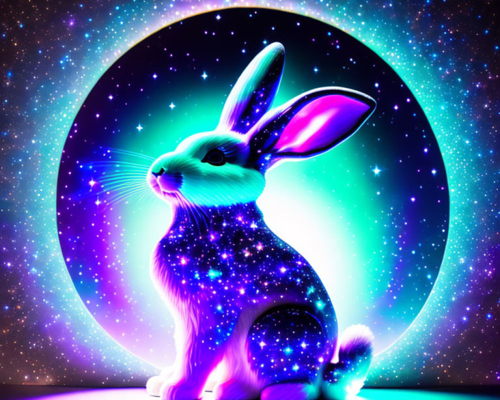 Luminous rabbit in cosmic circular frame with purple and blue hues