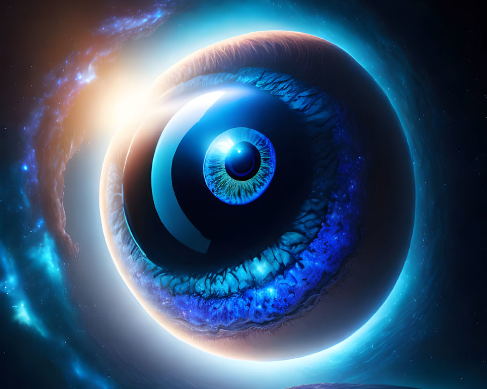 Giant Eye with Galaxy Spiral in Surreal Cosmic Theme