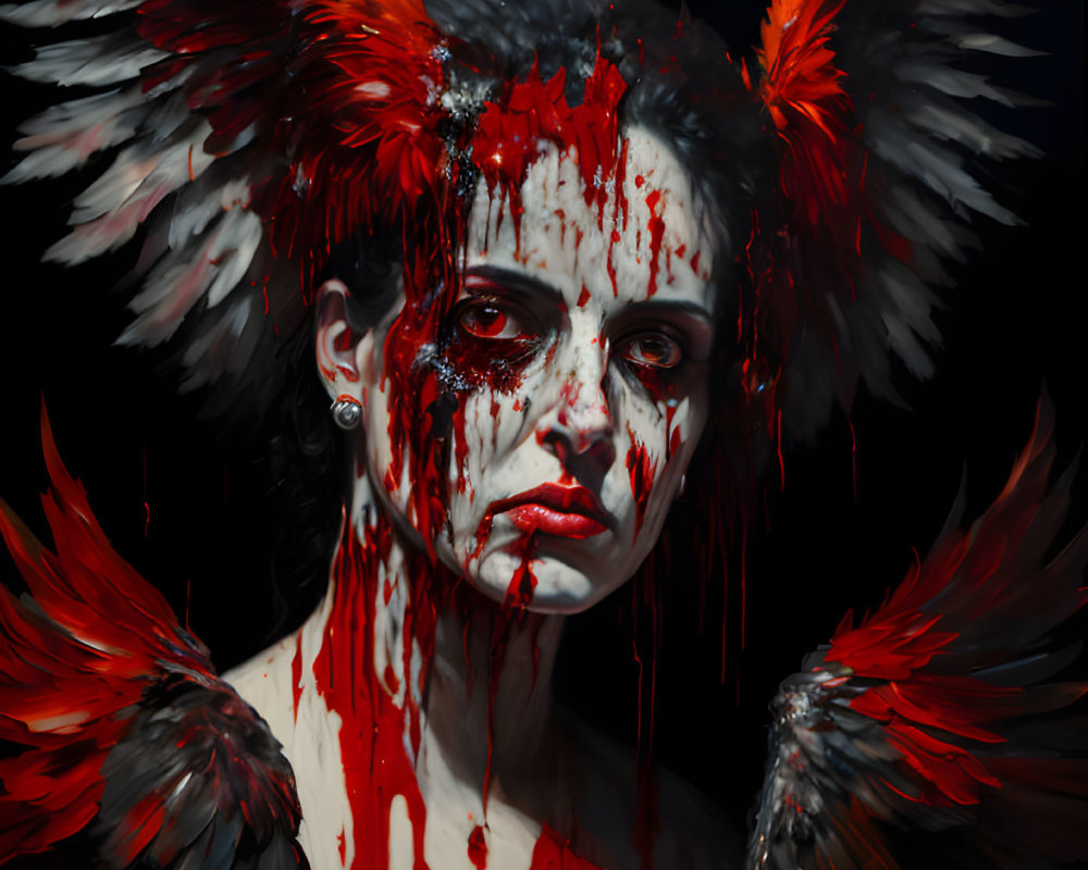 Artistic portrayal of person with striking eyes and red paint splatters, red and black feathered wings