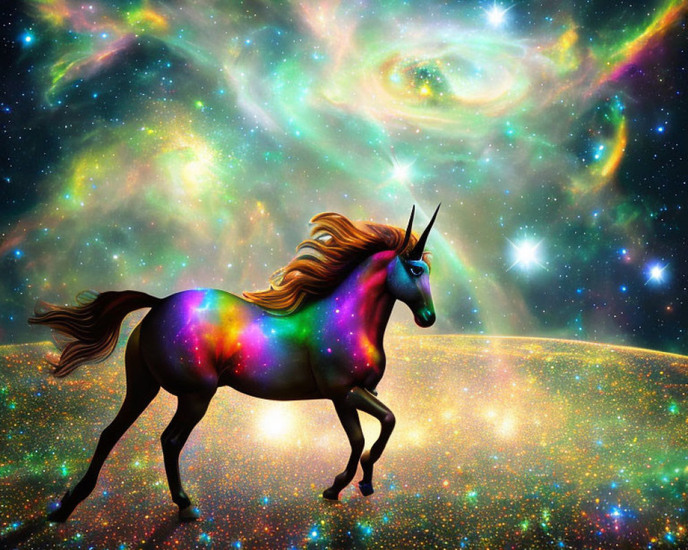 Colorful Unicorn Galloping in Cosmic Space with Vibrant Nebulae