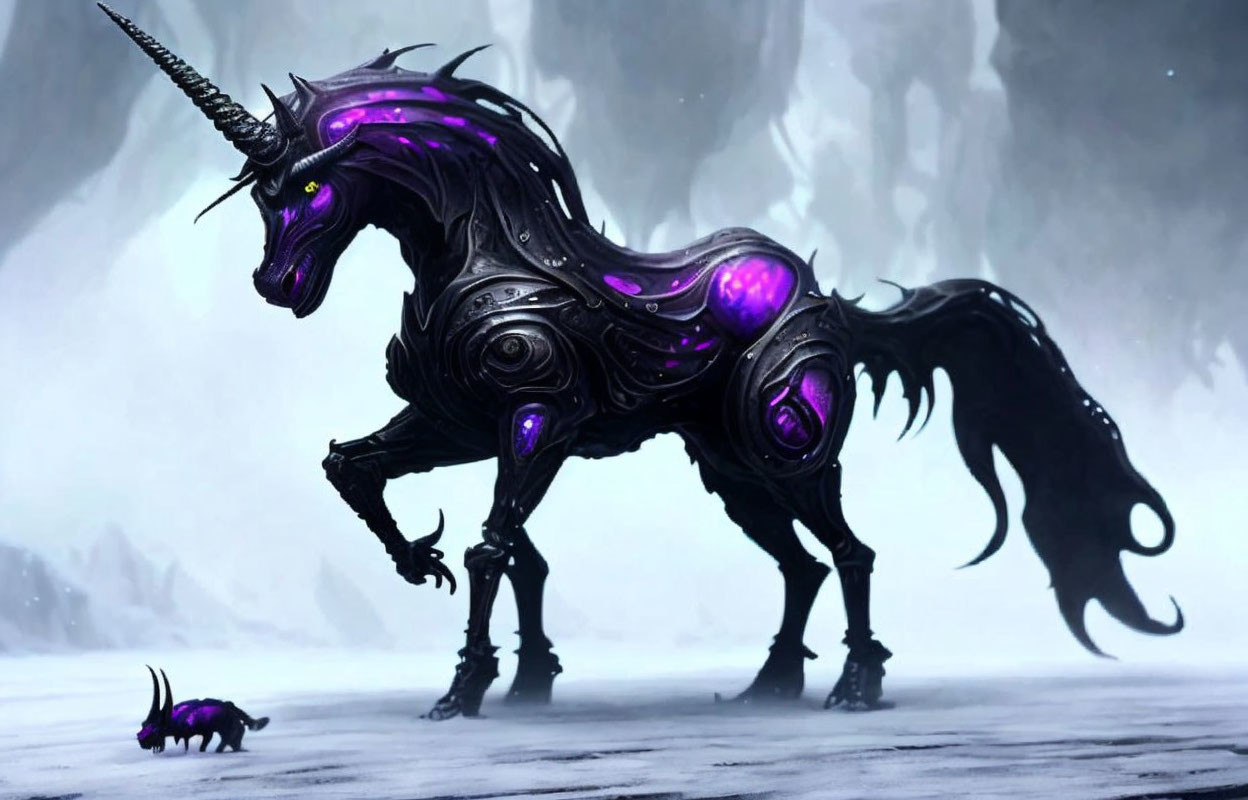 Digital artwork: Majestic mechanical unicorn with purple glowing accents in snowy landscape with small rodent