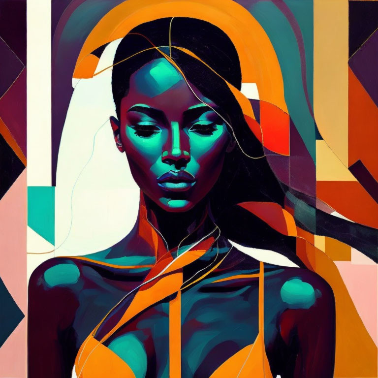 Vibrant abstract portrait with geometric shapes in orange, teal, and purple