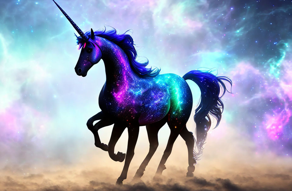 Majestic cosmic unicorn with galaxy-patterned coat and spiraled horn against vibrant nebula.
