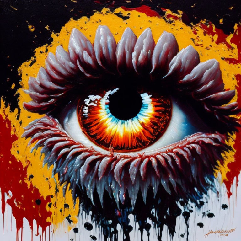 Fiery iris eye painting with red petals on black background