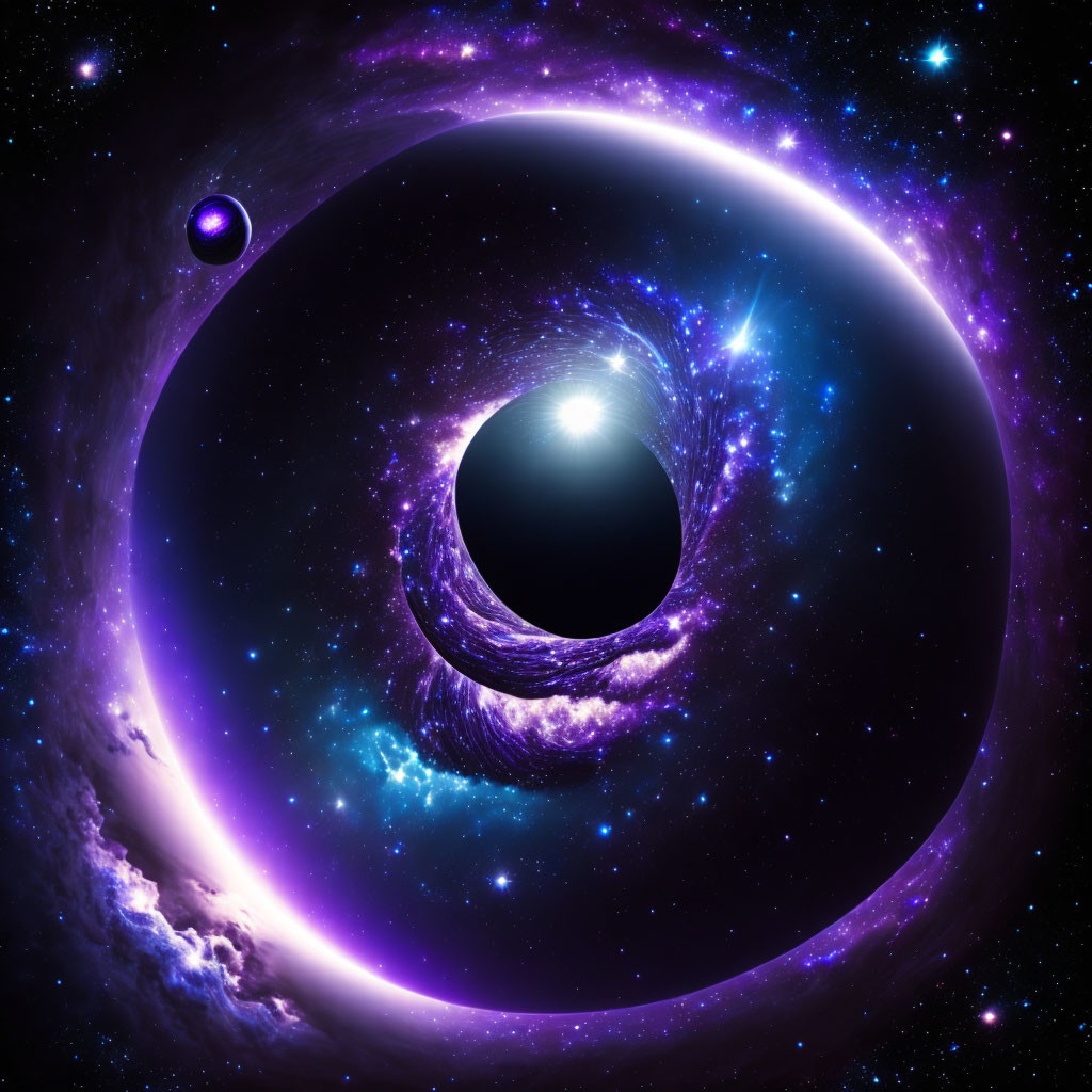 Swirling galaxy with bright central light and celestial body.