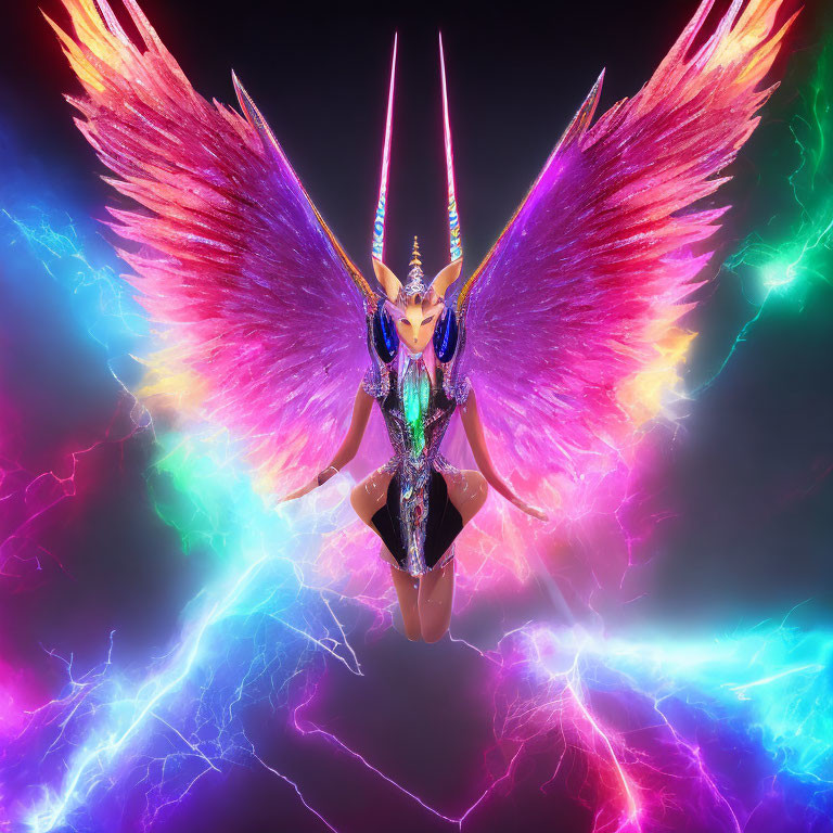 Multicolored fantasy figure with wings, unicorn horns, sparkling outfit, and electric lightning effects