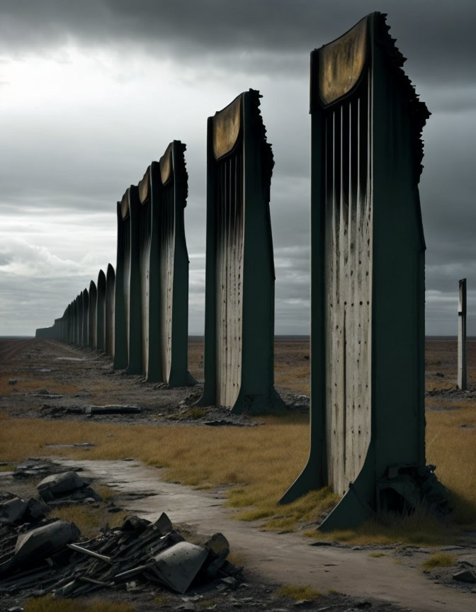 Weathered vertical comb-like structures in desolate landscape under overcast skies