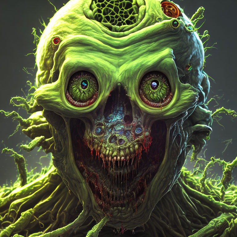 Fictional creature with multiple eyes and skeletal features on dark background