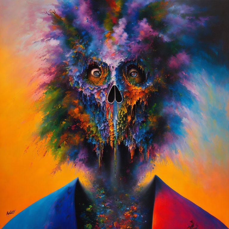 Vibrant abstract owl painting with explosion of colors on dark background