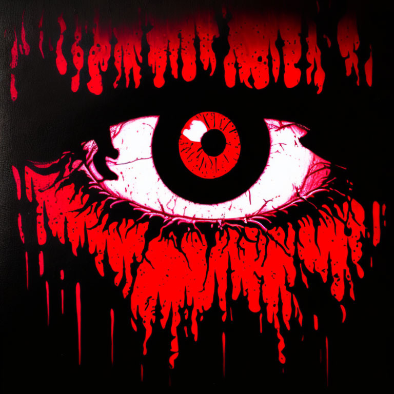 Red and white stylized eye art on black background with blood-like drips