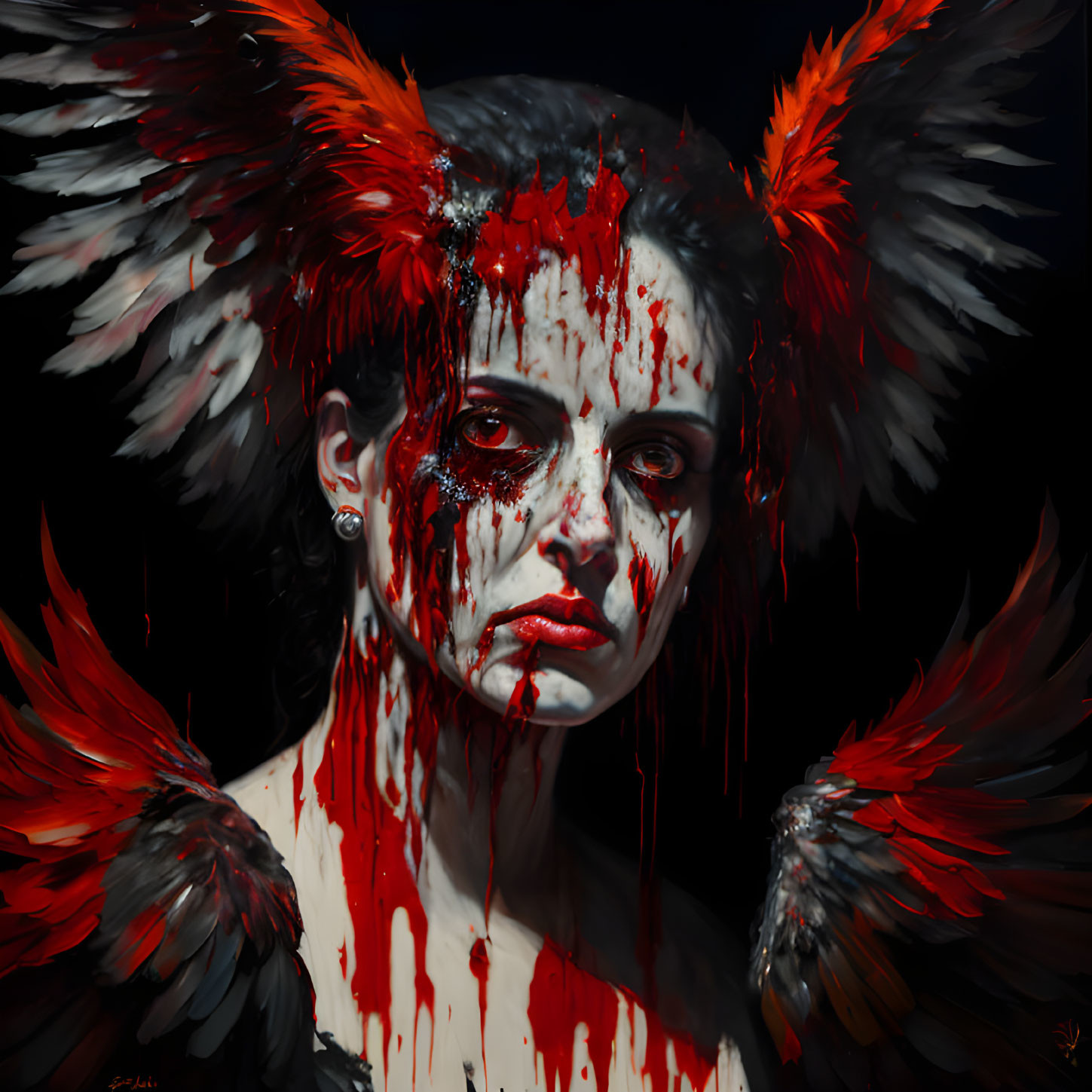 Artistic portrayal of person with striking eyes and red paint splatters, red and black feathered wings