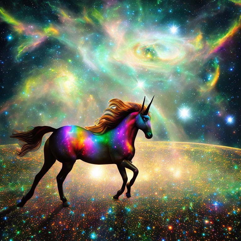 Colorful Unicorn Galloping in Cosmic Space with Vibrant Nebulae