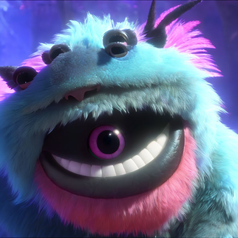 Colorful animated monster with blue and pink fur and purple eyes on purple background