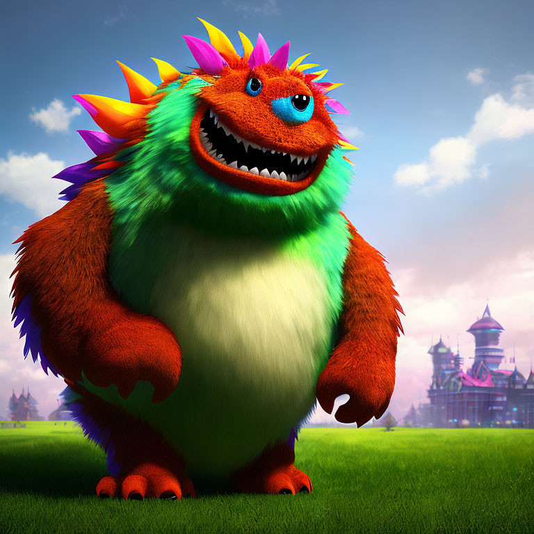 Colorful, smiling furry monster with rainbow spikes and one eye in grass with castle and blue sky