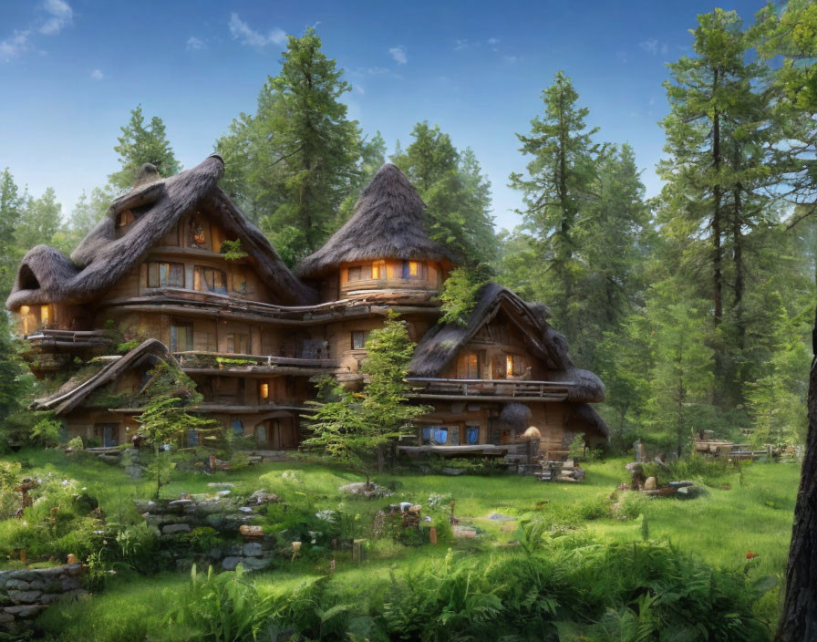 Rustic wooden cabin with thatched roofs in lush forest clearing