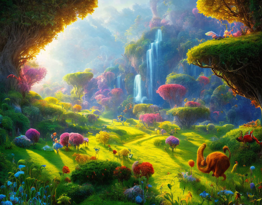 Fantastical landscape with waterfall, lush greenery, colorful flora, and whimsical creatures