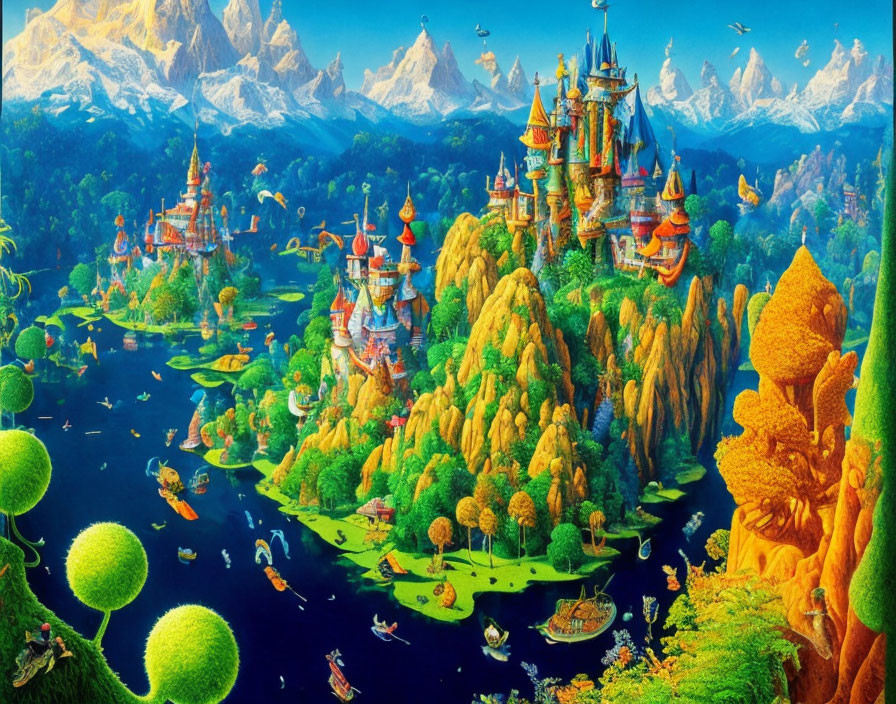 Majestic castle in vibrant fantasy landscape with autumn trees, rivers, boats, and snowy mountains