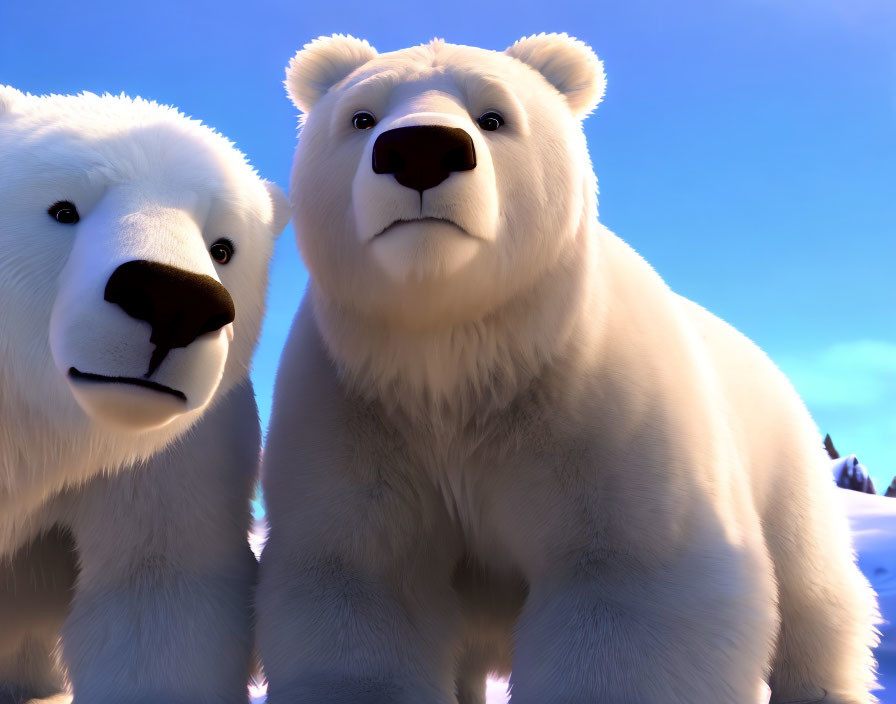 Animated polar bears with expressive faces in snowy landscape under blue sky