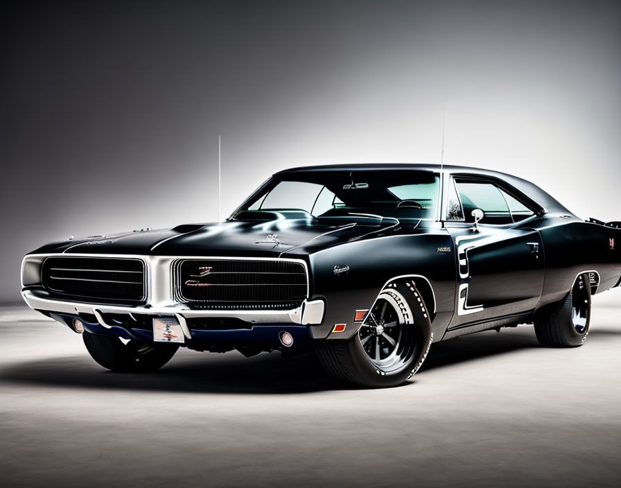 Classic Black Muscle Car with Chrome Details on Gray Background