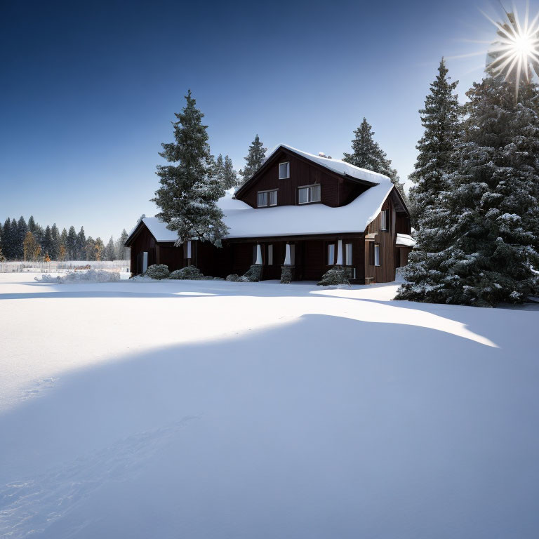 Snow-covered pine trees surround cozy brown cabin under clear blue sky