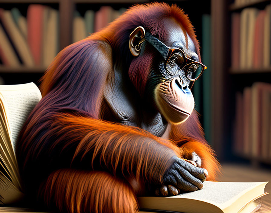 Orangutan wearing glasses reading book in library setting