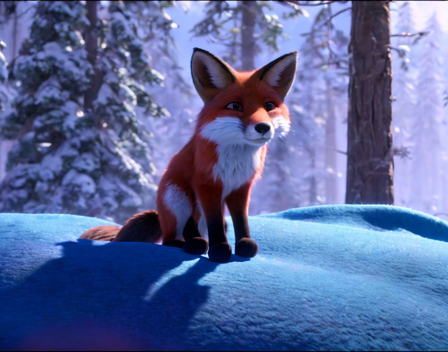 Colorful 3D animated fox in snowy forest setting