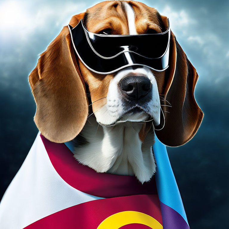 Beagle Dog in Sunglasses and Cape on Cloudy Sky Background