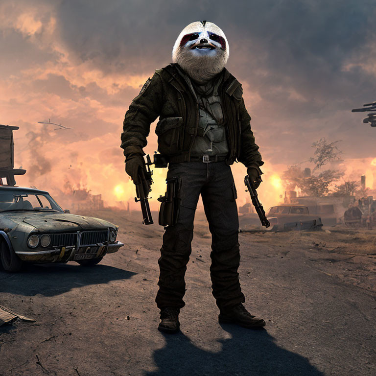 Humanoid sloth in military gear in war-torn street