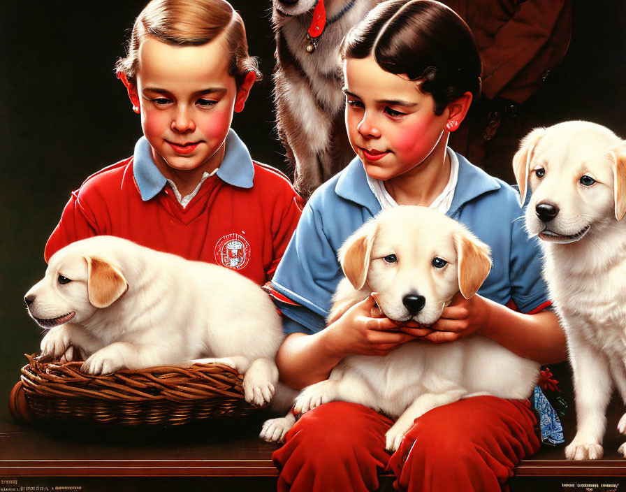 Children with Three Labrador Puppies in Different Poses