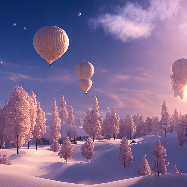 Snow-covered landscape with hot air balloons at dusk
