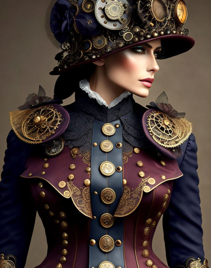 Elaborate Steampunk Outfit with Gear-Adorned Hat
