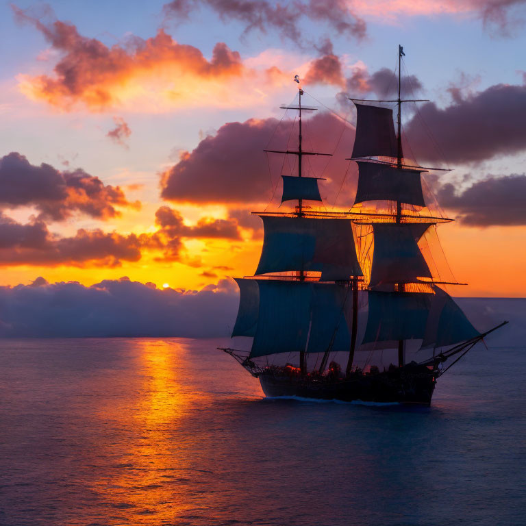 Sailing Ship at Sea Sunset with Orange Clouds