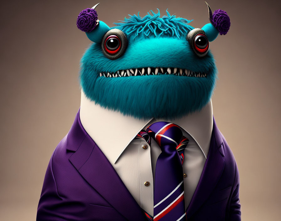 Blue-furred monster in purple suit with red eyes and horns on brown background