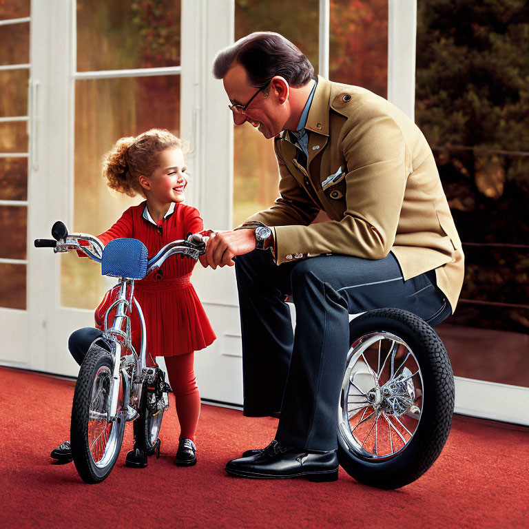 Man in uniform shaking hands with smiling girl on bicycle near glass door