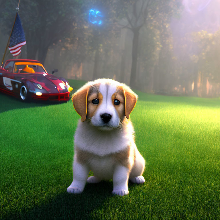 Cute puppy on grass with forest, American flag car, and blue orb