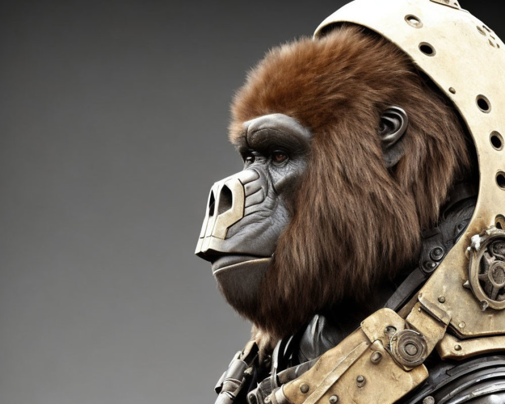Stoic gorilla in detailed metallic armor on grey background
