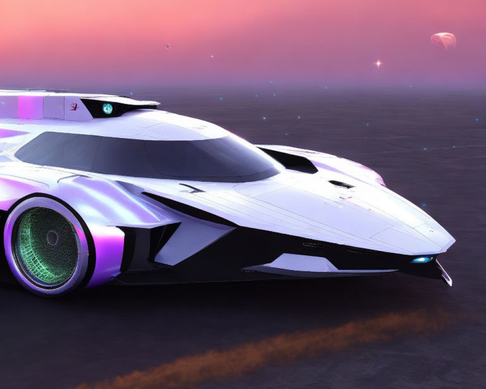 Futuristic white and black spaceship on purple alien landscape
