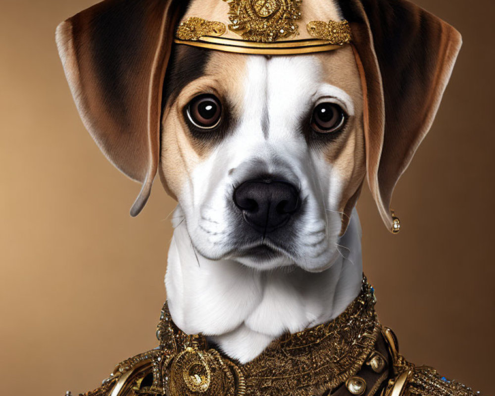Regal dog in ornate costume jewelry and headpiece on beige background