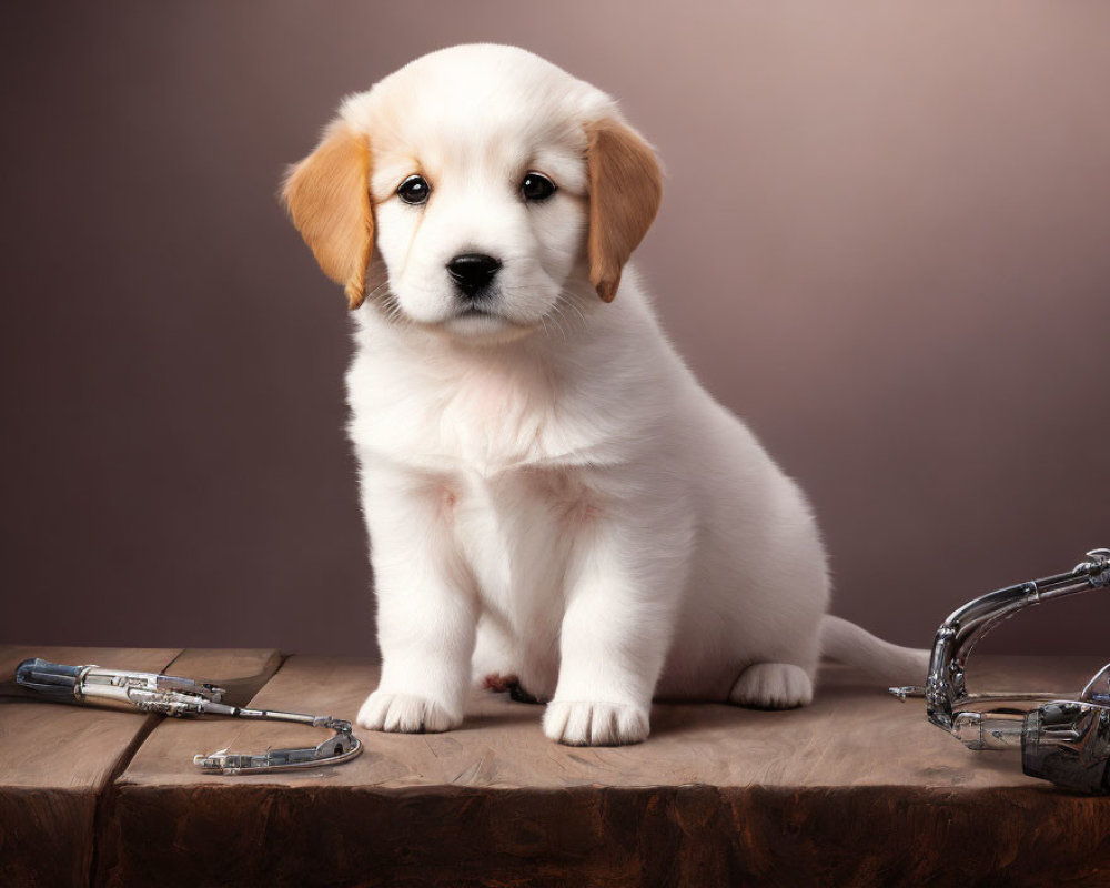 Fluffy golden-white puppy with eyeglasses on brown background