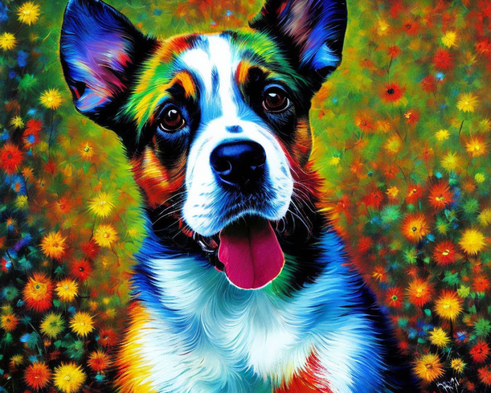 Colorful Dog Portrait with Floral Patterns: Vibrant, Psychedelic Art