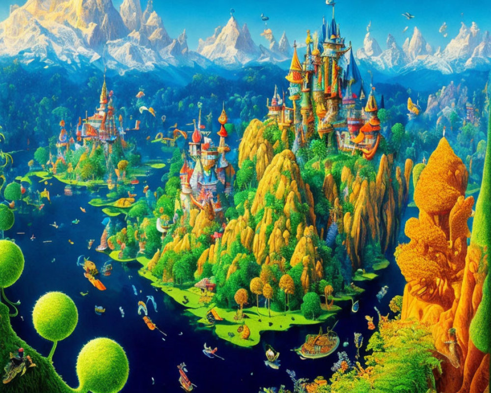 Majestic castle in vibrant fantasy landscape with autumn trees, rivers, boats, and snowy mountains