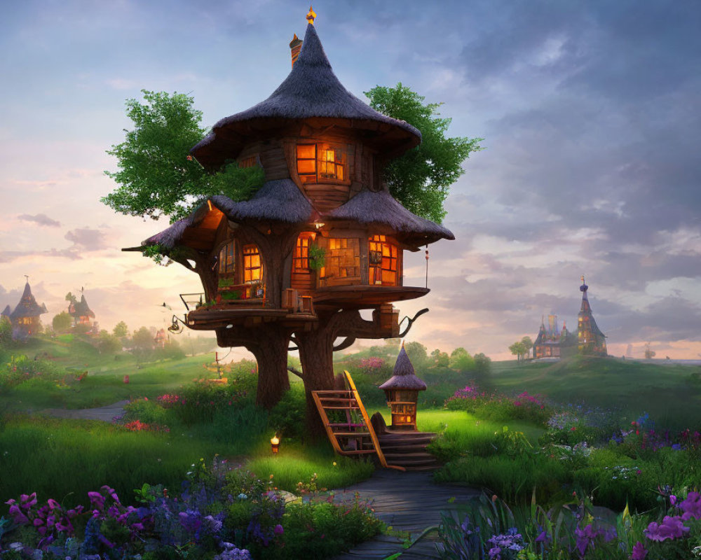 Multi-story treehouse in lush meadow with warm lights and distant castles at dusk